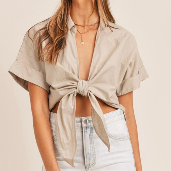 Mable The Label Tie Front Cropped Short Sleeve Collared Top Large Linen Blend - Picture 3 of 8